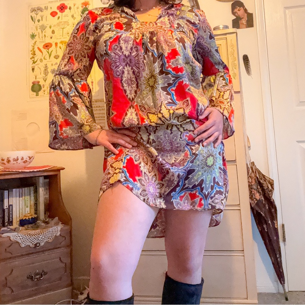 Red Pyschedelic Bell Sleeve Dress
